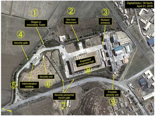 4月撮影の衛星写真。（1）塔（2）銅像（3）労働者用の入り口（4）警備用の門（5）管理施設（6）警備施設（7）警備要員用の通路（8）ウラン濃縮施設と指摘される建物（9）警備用とみられる施設（デジタルグローブ/38ノース提供・ゲッティ＝共同）