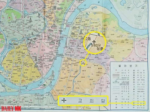 北朝鮮の「道路里程図」に表記されている教会の位置。（画像：デイリーNK）